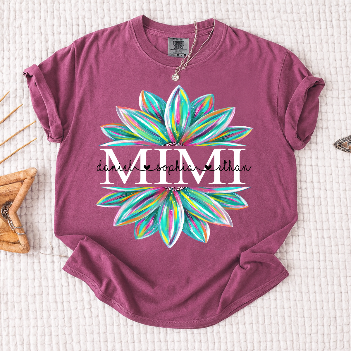 Comfort Colors Personalized MIMI T Shirt, Custom Family Names with Colorful Flower Design, Perfect Gift for Mimi