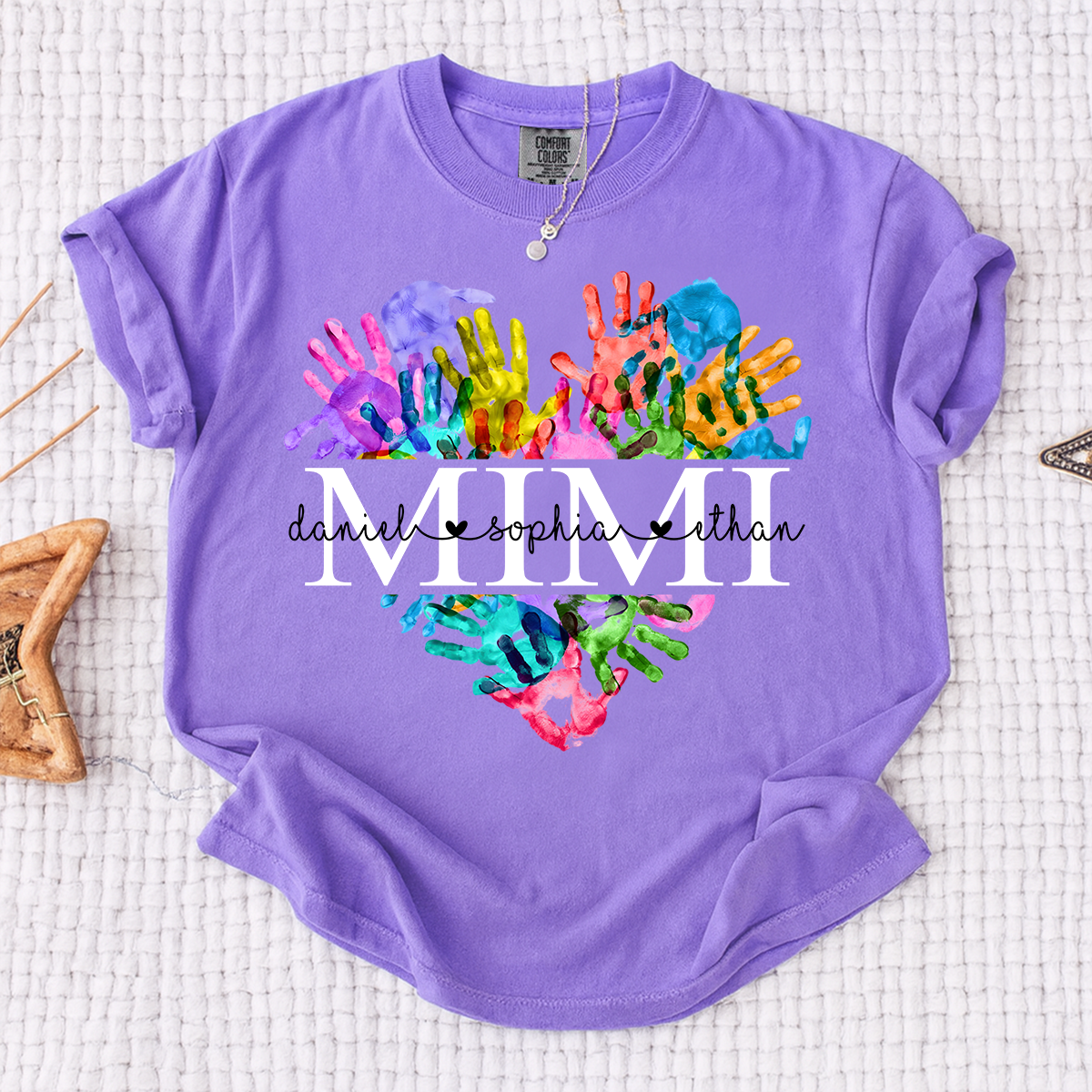 Comfort Colors Personalized Mimi Shirt Colorful Handprint Heart Custom Grandkids Names Mimi Grandma Gift T Shirt