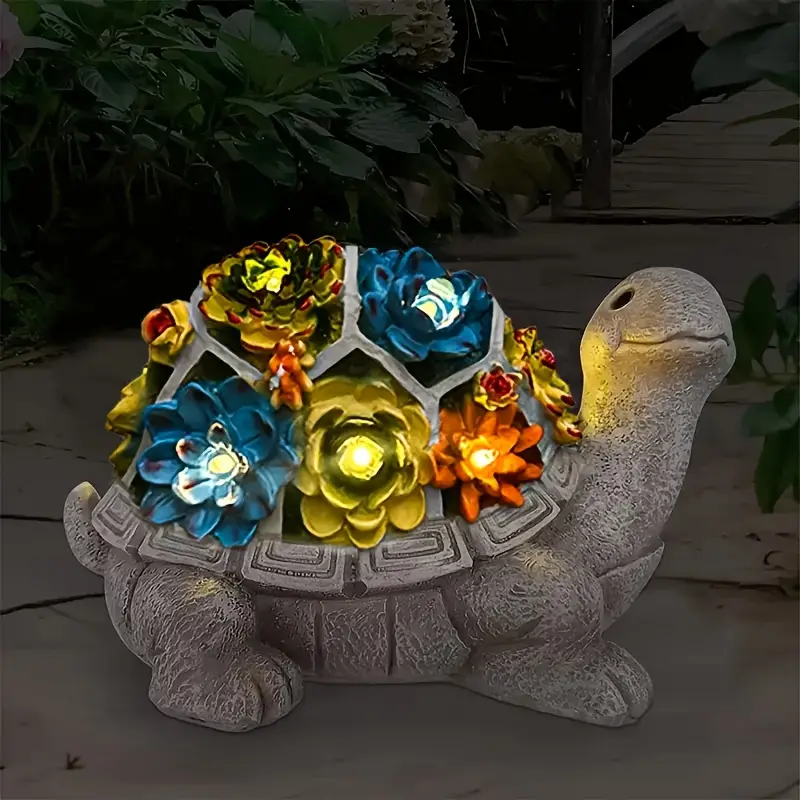 solar powered turtle figurine with led lights and vibrant succulents resin statue garden and patio decorative animal sculpture with nickel battery for outdoor lighting details 1