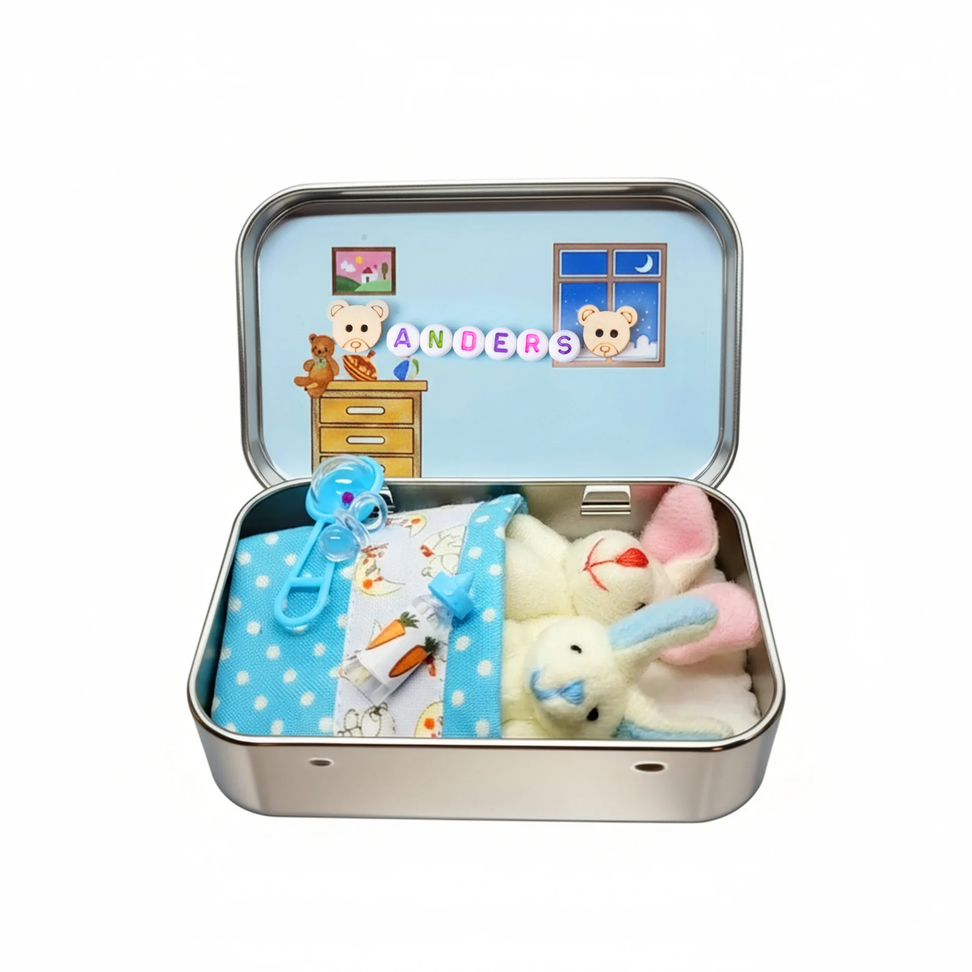 Custom Bunny Mummy Tiny Plush Pocket Tin with Name, Pocket Teddy Bear in Tin, Role Play Toy, Anxiety Easter Gift for Kids 