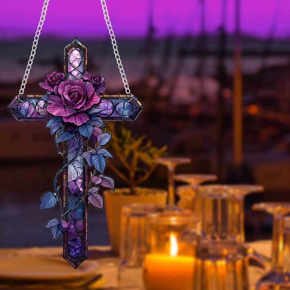 Purple Rose Cross Suncatcher Hanging Decor