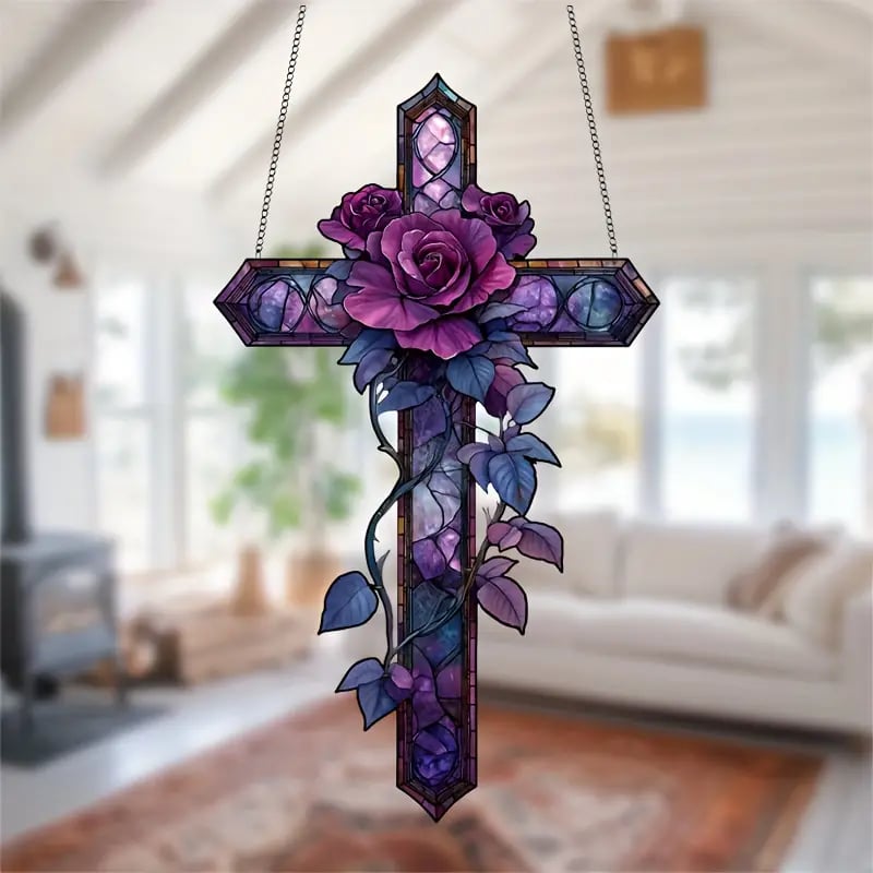 Purple Rose Cross Suncatcher Hanging Decor