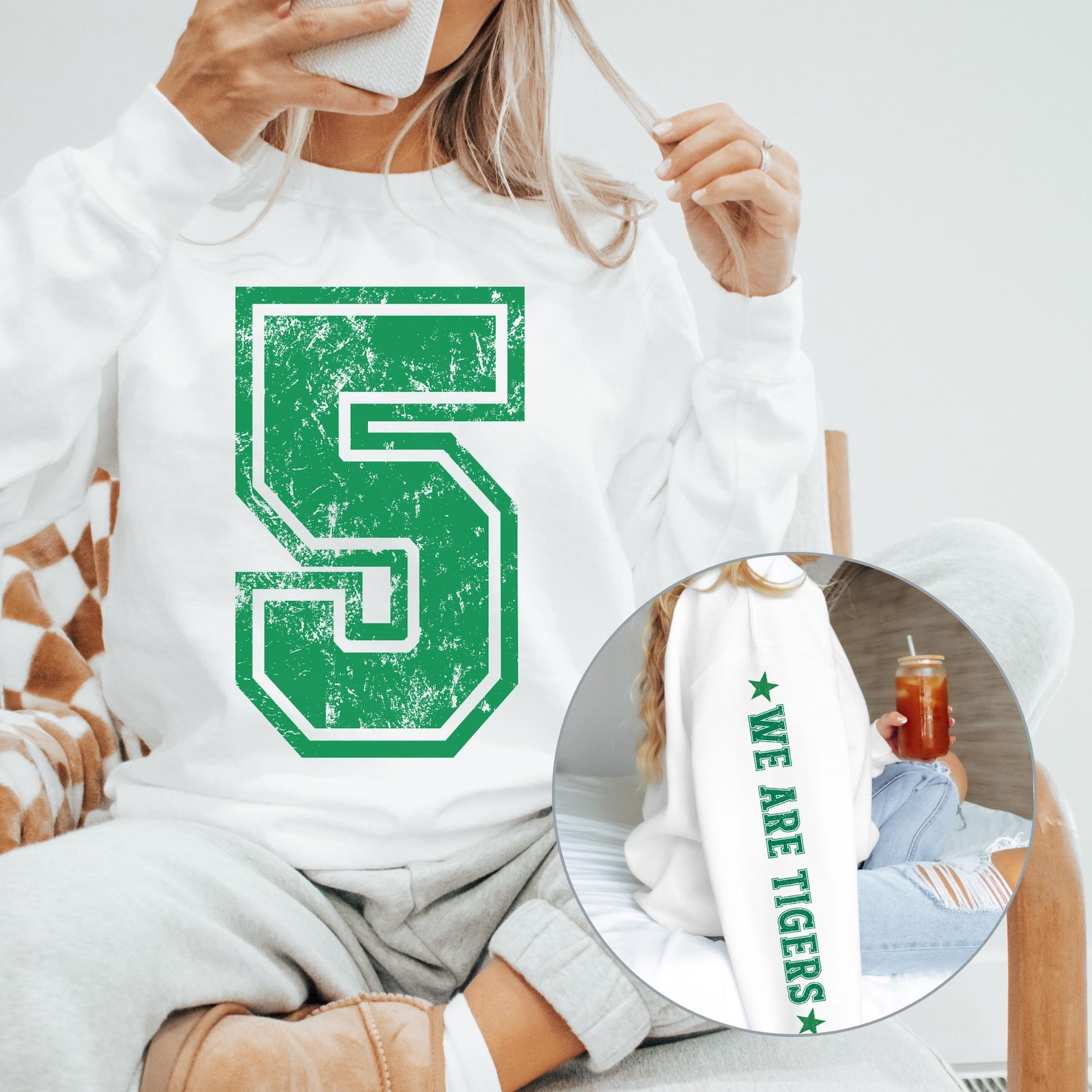 Custom Varsity Letter Sweatshirt – Distressed Big Number Sports Shirt with Sleeve Print