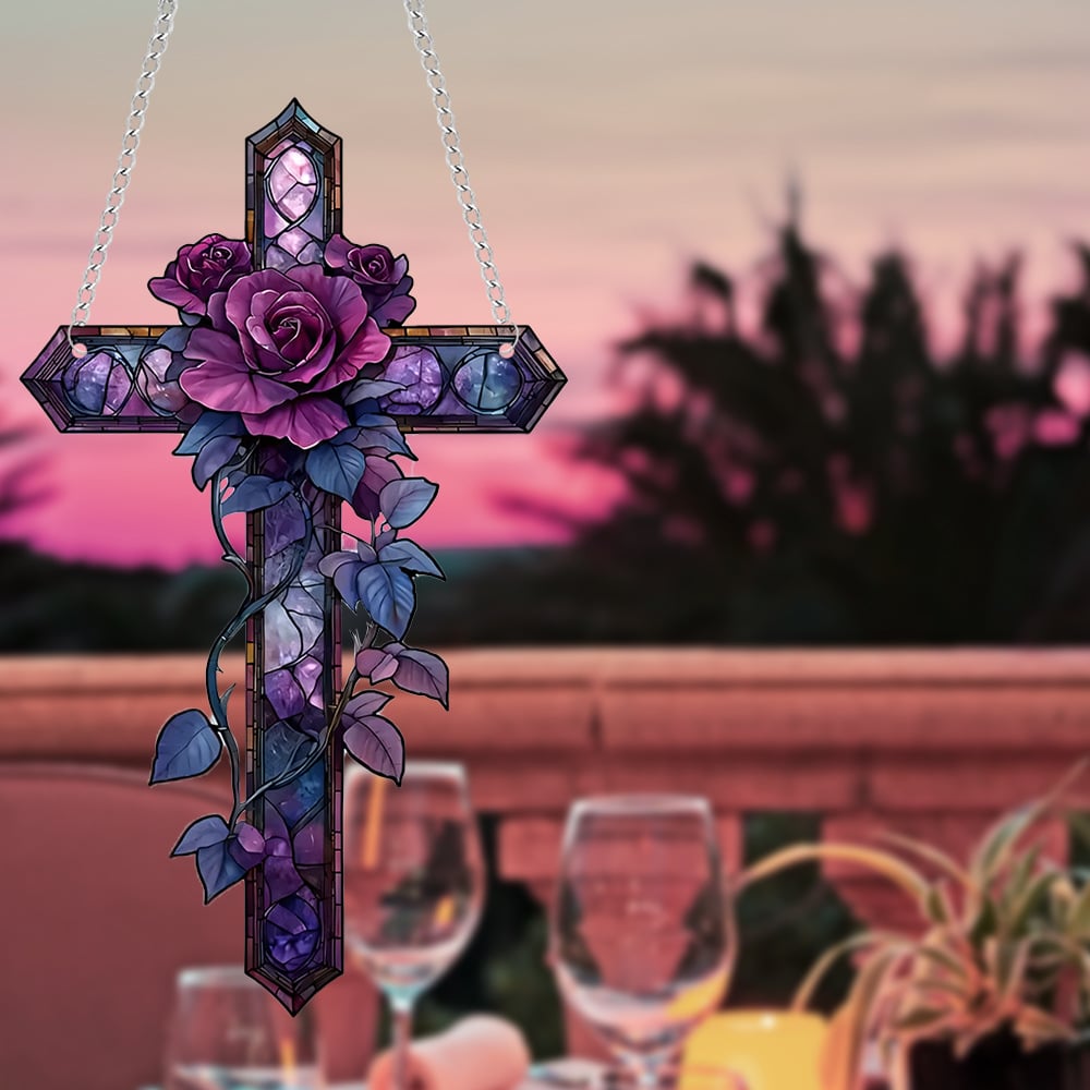 Purple Rose Cross Suncatcher Hanging Decor