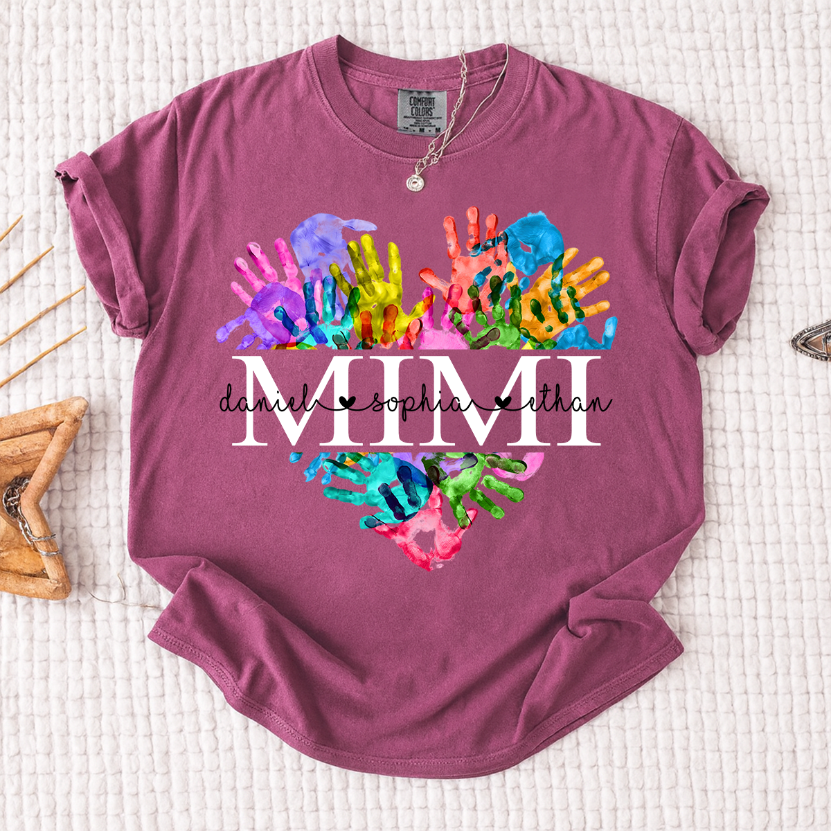 Comfort Colors Personalized Mimi Shirt Colorful Handprint Heart Custom Grandkids Names Mimi Grandma Gift T Shirt