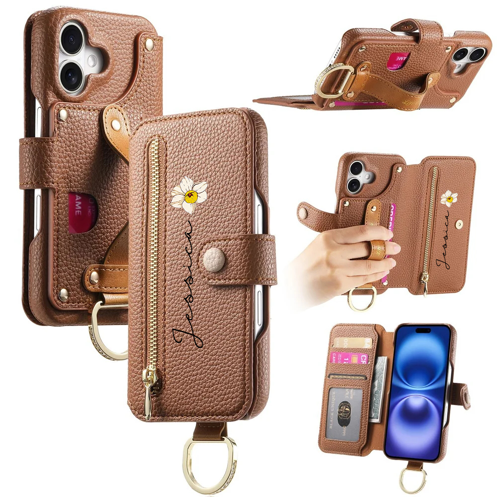 Personalized Birth Flower Name Leather Flip Wallet Phone Case for iPhone with Card Holder RFID Blocking Gift for Family Friend