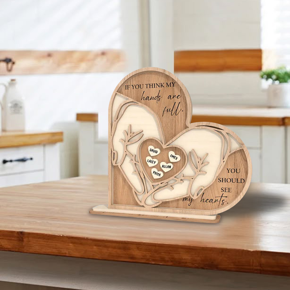 Custom Mothers Day Standing Wooden Heart Hands With Kid Names