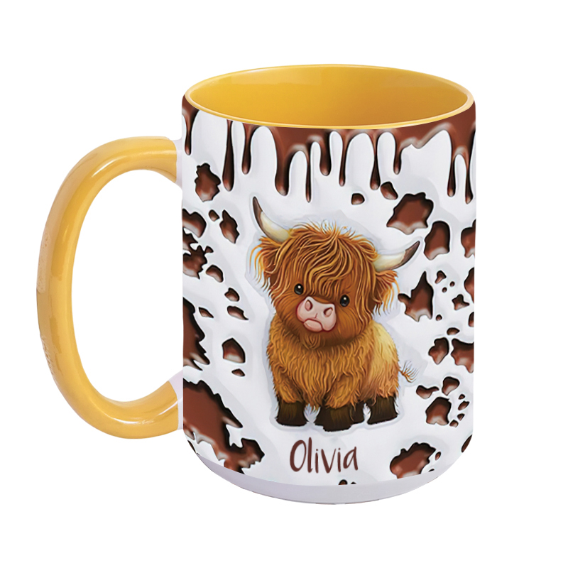 Personalized Cute Highland Cow Ceramic Coffee Mug with Name and Coaster Birthday Gift for Highland Cow Lover