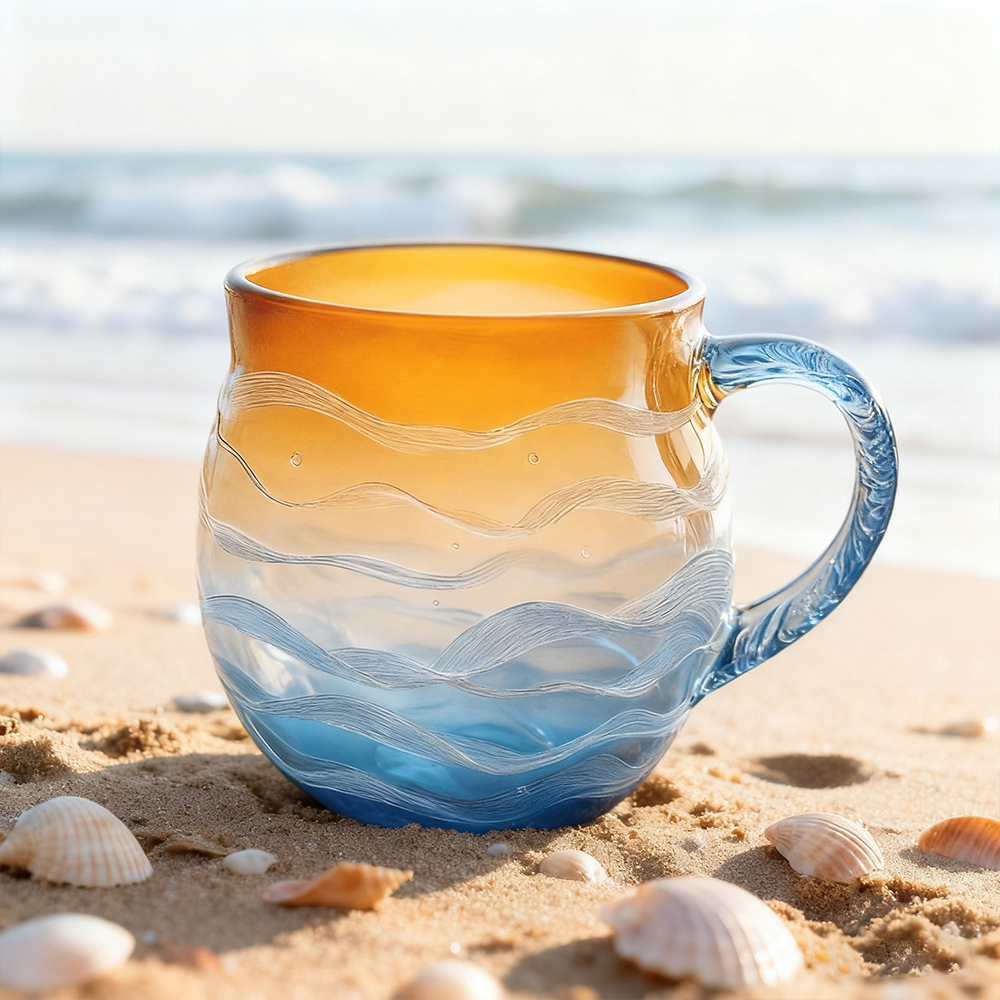 Sunset & Ocean Legend Glass Cup – Handcrafted 12oz Ocean-Inspired Drinkware, Artistic Beach Style Tumbler