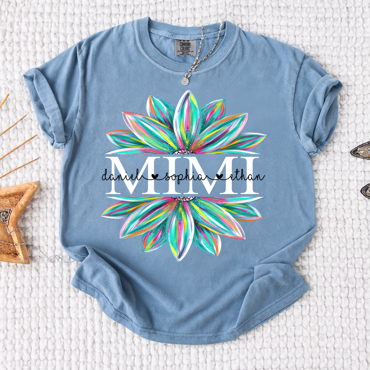 Comfort Colors Personalized MIMI T Shirt, Custom Family Names with Colorful Flower Design, Perfect Gift for Mimi
