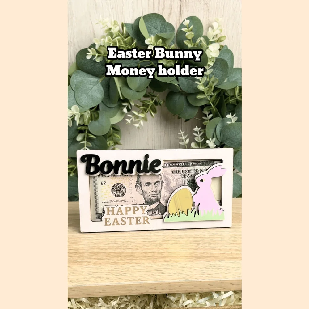Personalized Cute Pink Blue Easter Bunny Wooden Money Holder with Engraved Name Easter Gift for Kids Adults