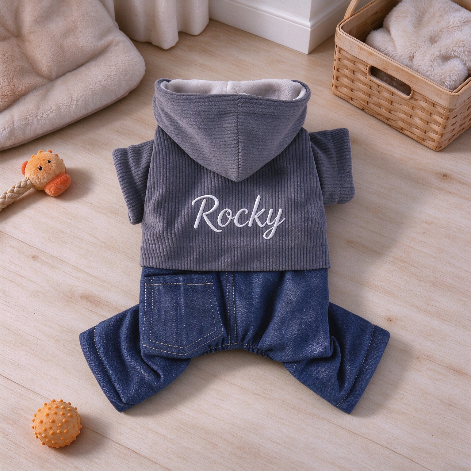 Personalized Embroidered Dog Corduroy Hooded Jumpsuit 