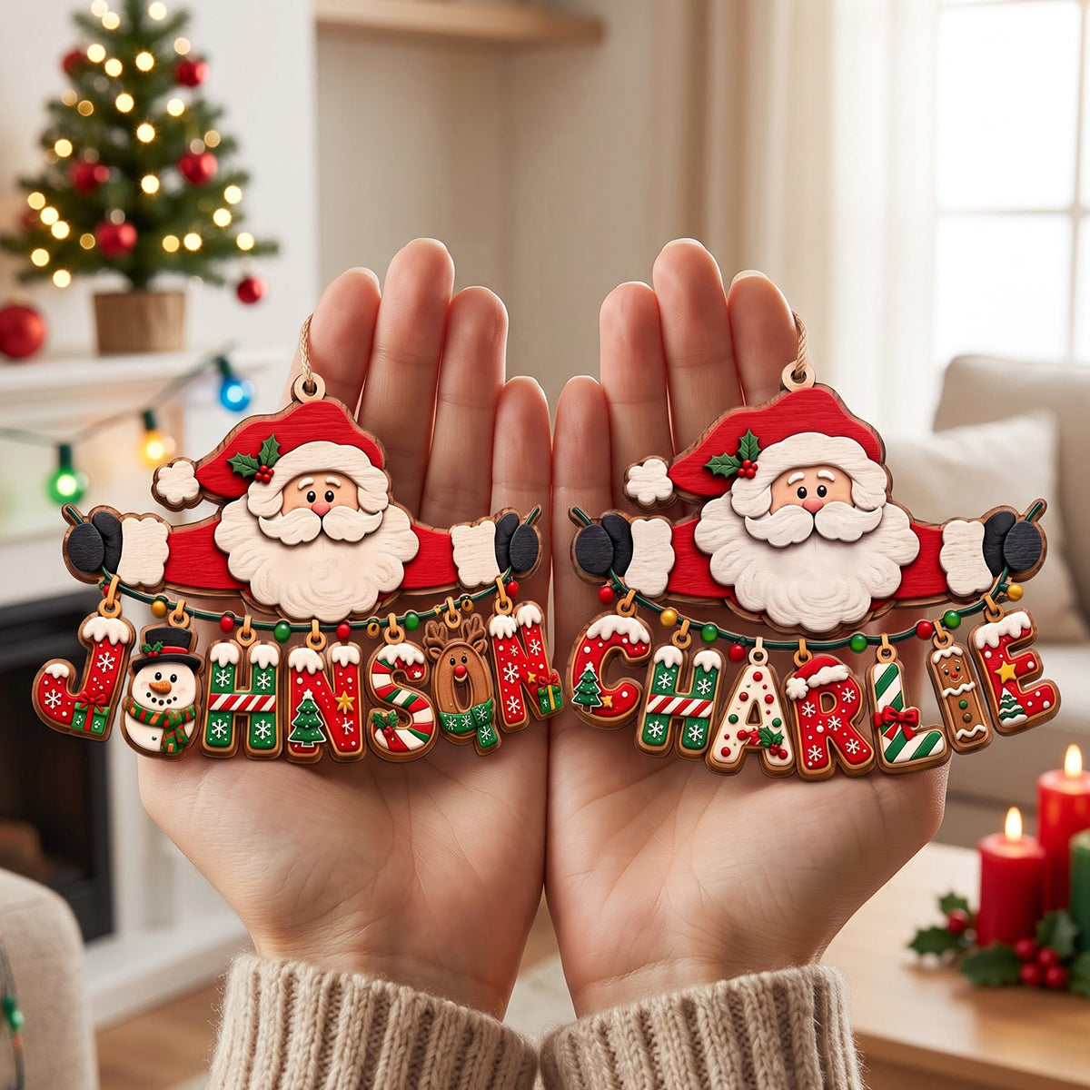 Custom Festive Santa Letter With Name For Family, Kids - Personalized Family Wood Ornament, Christmas Stocking Tag, Name Ornament