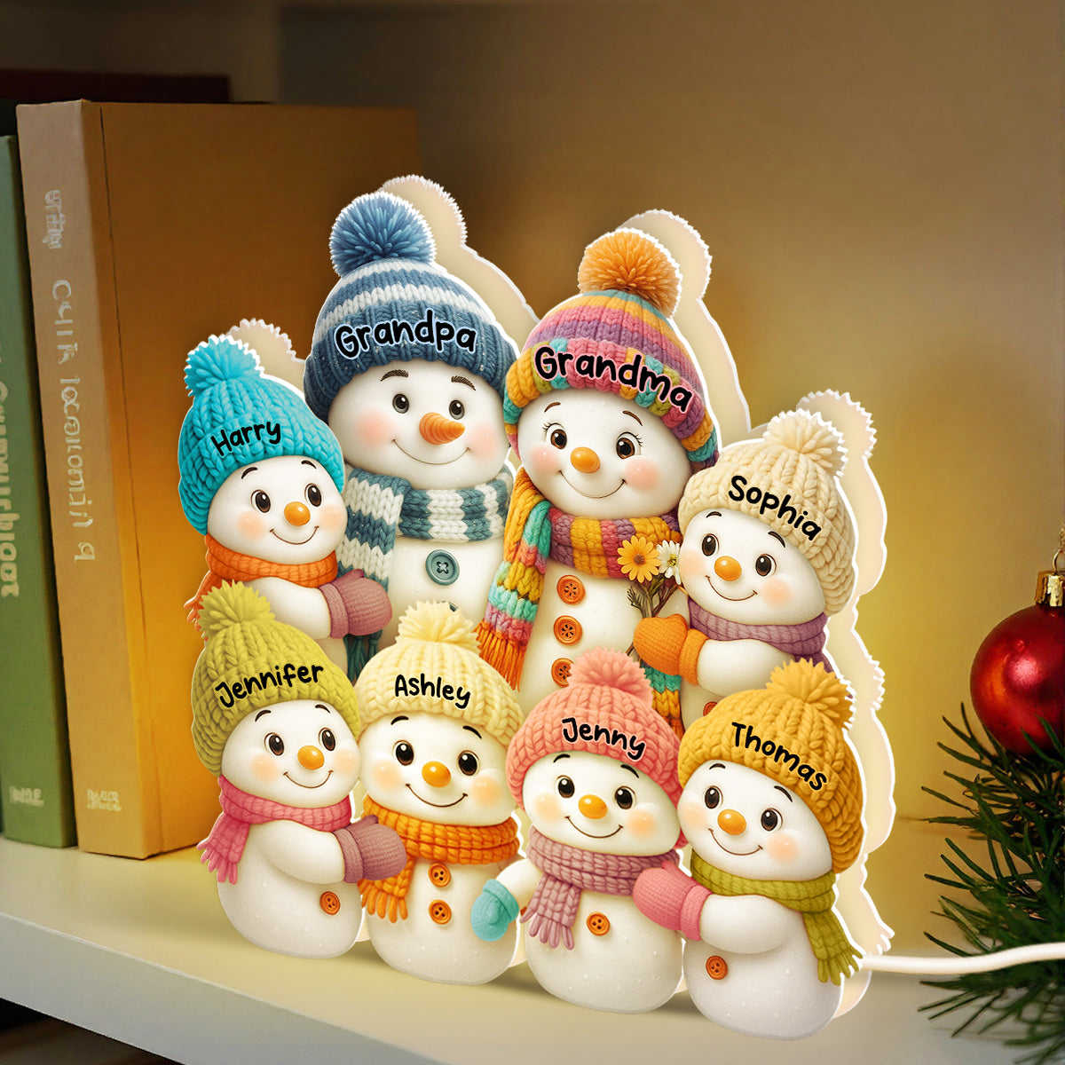 3D Effect Snowman Grandma, Grandpa, Grandparents and Grandkids Personalized Light Box - Christmas Gift for Grandparents