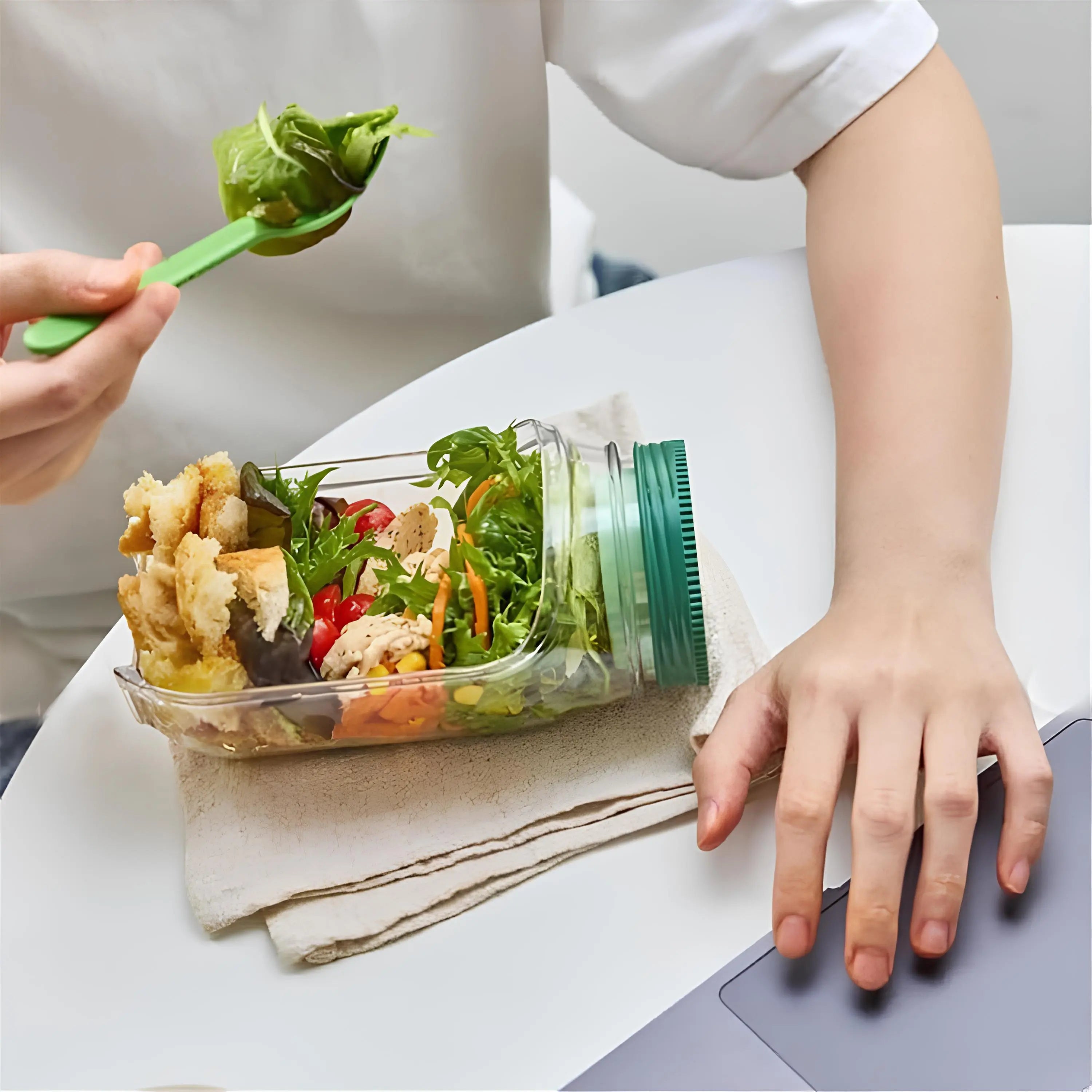 Salad Shaker Storage Container with Side Hatch Bowl Design