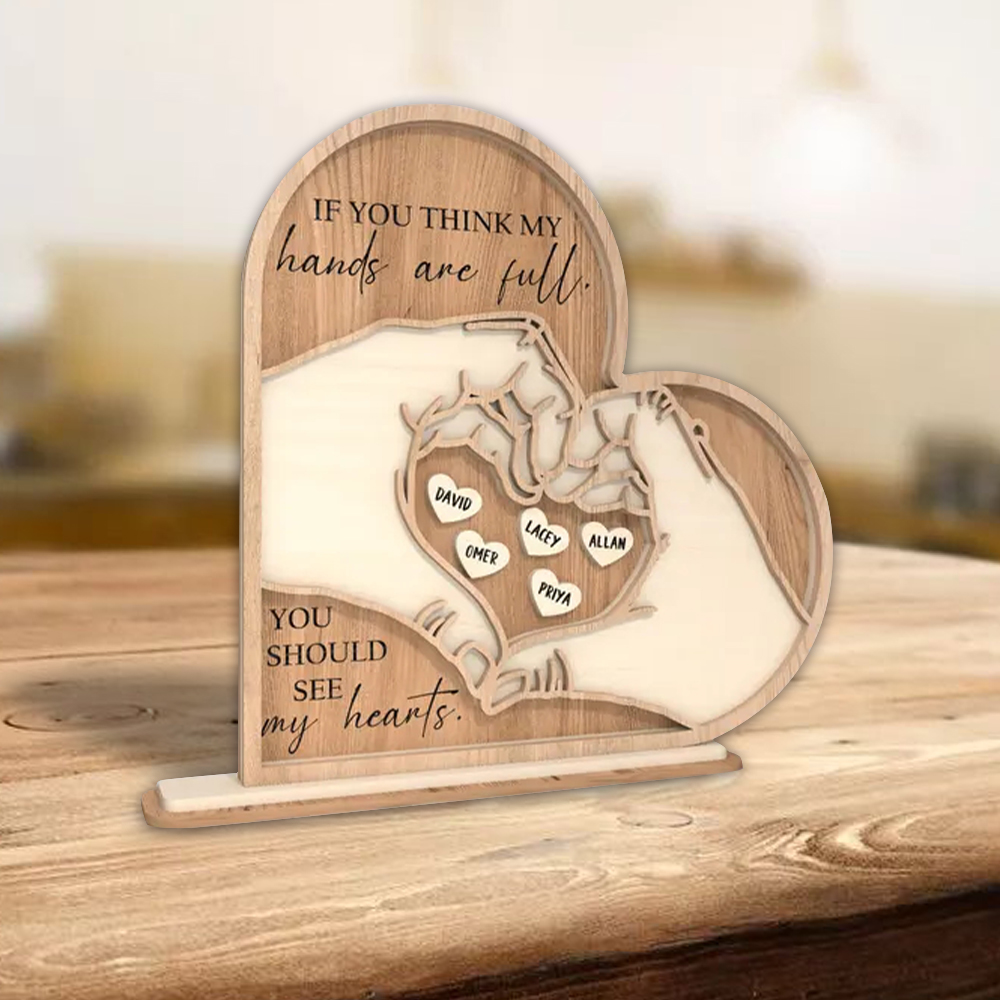 Custom Mothers Day Standing Wooden Heart Hands With Kid Names