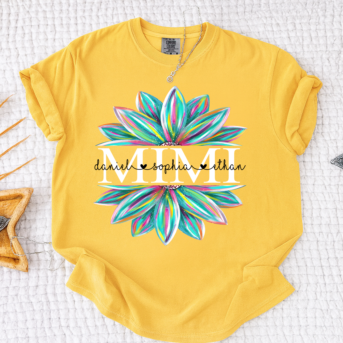 Comfort Colors Personalized MIMI T Shirt, Custom Family Names with Colorful Flower Design, Perfect Gift for Mimi