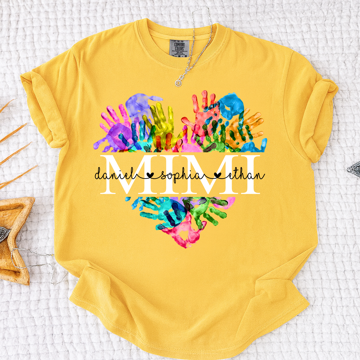 Comfort Colors Personalized Mimi Shirt Colorful Handprint Heart Custom Grandkids Names Mimi Grandma Gift T Shirt