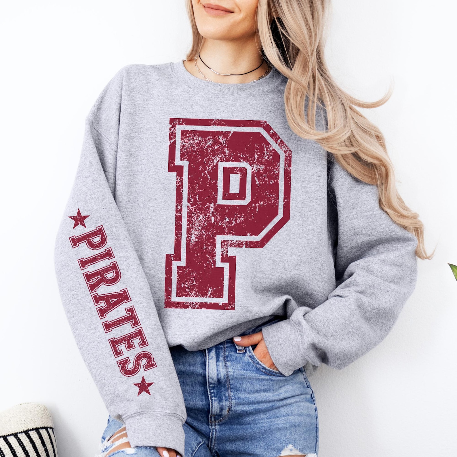 Custom Varsity Letter Sweatshirt – Distressed Big Number Sports Shirt with Sleeve Print