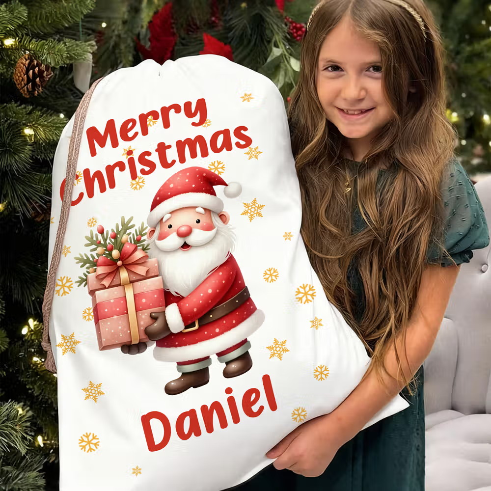 Personalized Cute Cartoon Santa Claus Snowflake Drawstring Christmas Gift Bag with Name Merry Christmas Gift for Kids Family - CALLIE
