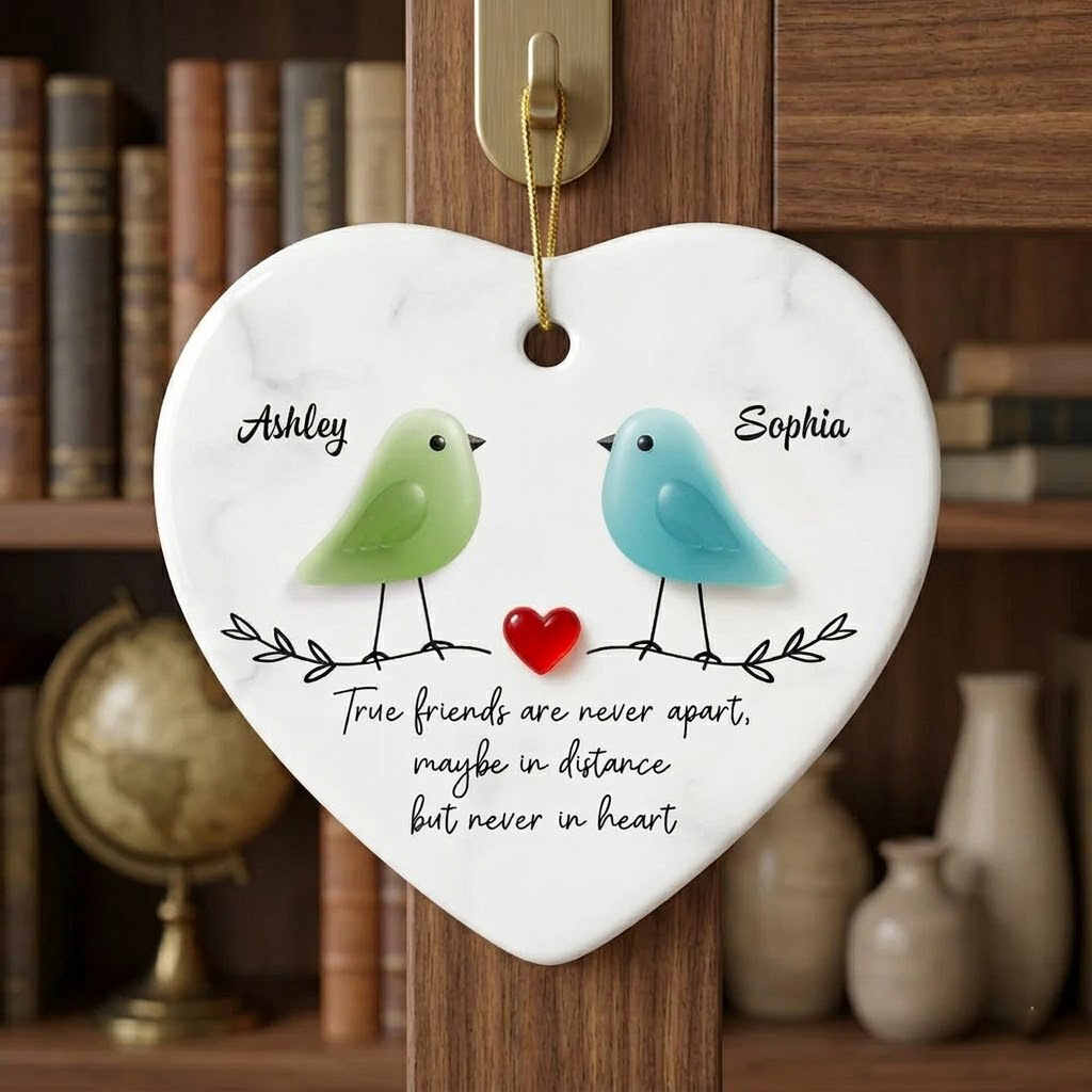 Personalized Sea Glass "Birds on a Branch" Heart Keepsake - Friendship & Long-Distance Gift