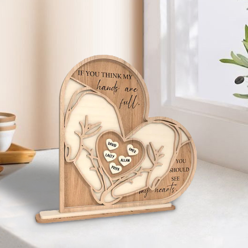 Custom Mothers Day Standing Wooden Heart Hands With Kid Names