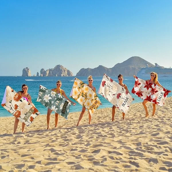 Personalized Birth Flower Quick Dry Oversized Microfiber Beach Towel with Name Summer Travel Essentials Birthday Gift for Family Friends