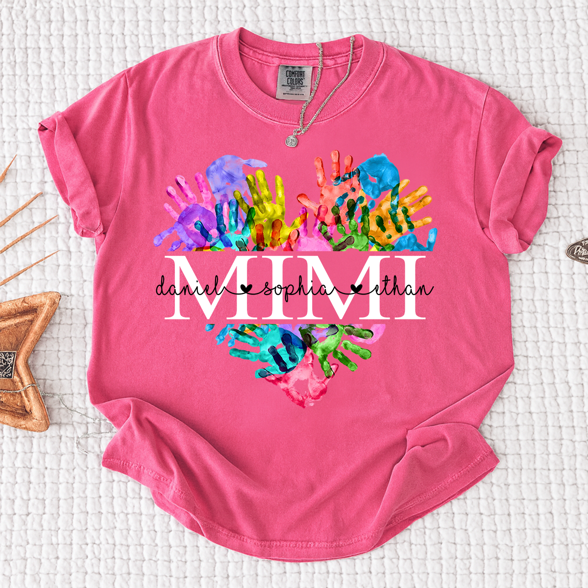 Comfort Colors Personalized Mimi Shirt Colorful Handprint Heart Custom Grandkids Names Mimi Grandma Gift T Shirt