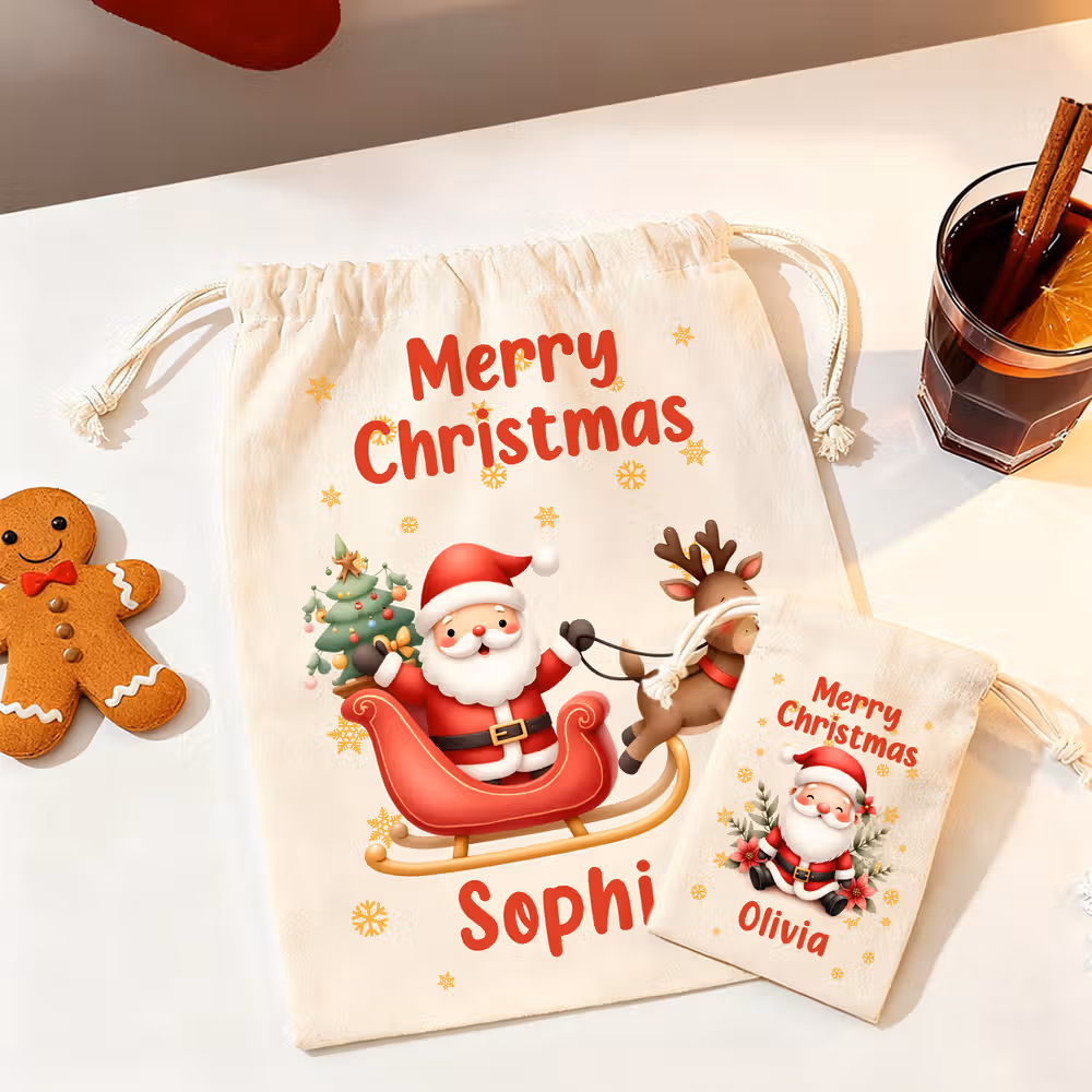 Personalized Cute Cartoon Santa Claus Snowflake Drawstring Christmas Gift Bag with Name Merry Christmas Gift for Kids Family - CALLIE