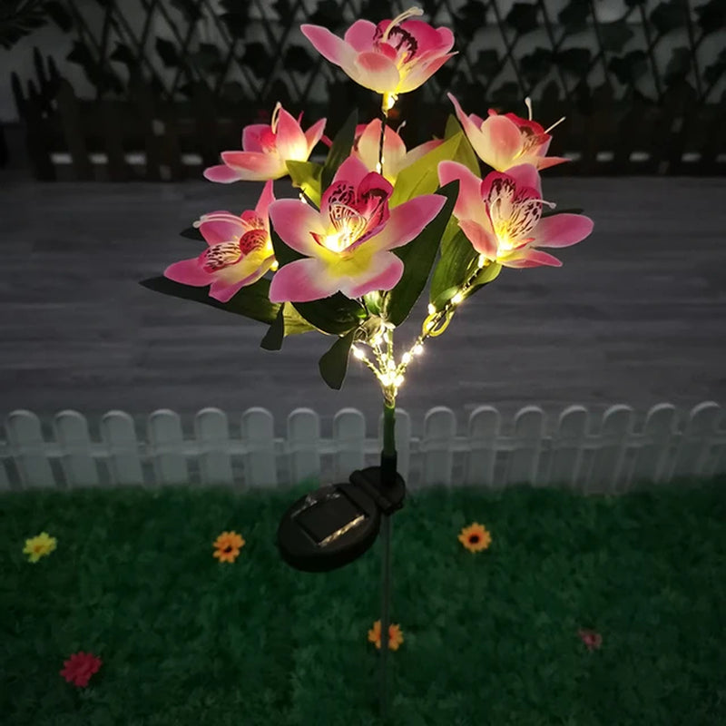 1Pc LED Solar Ground Lights,Artificial Flower Lawn Lights, 7-Head Solar Orchid Lights for Patio Yard Garden Christmas Decoration
