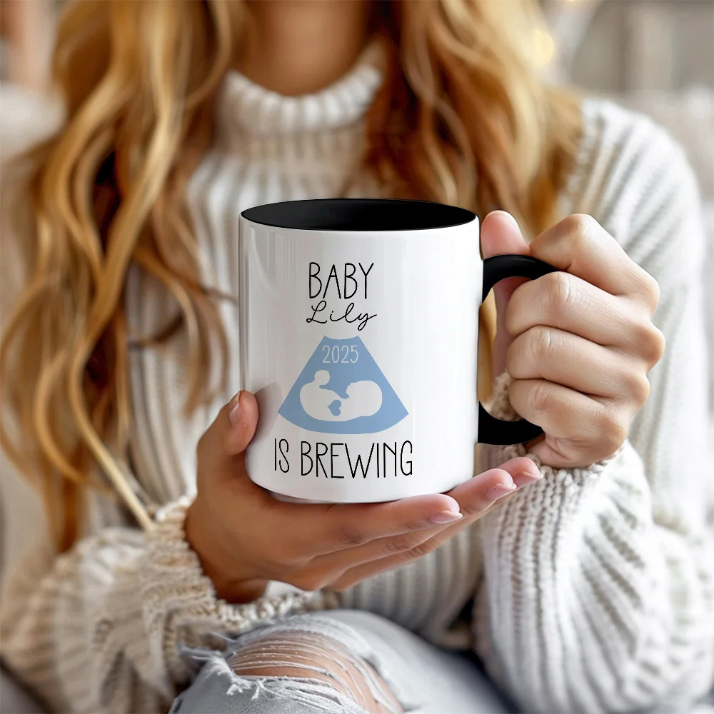 Personalized Baby is Brewing B-ultrasound Pregnancy Announcement Ceramic Mug with Name and Year Mother's Day Father's Day Gift for Expecting Parents