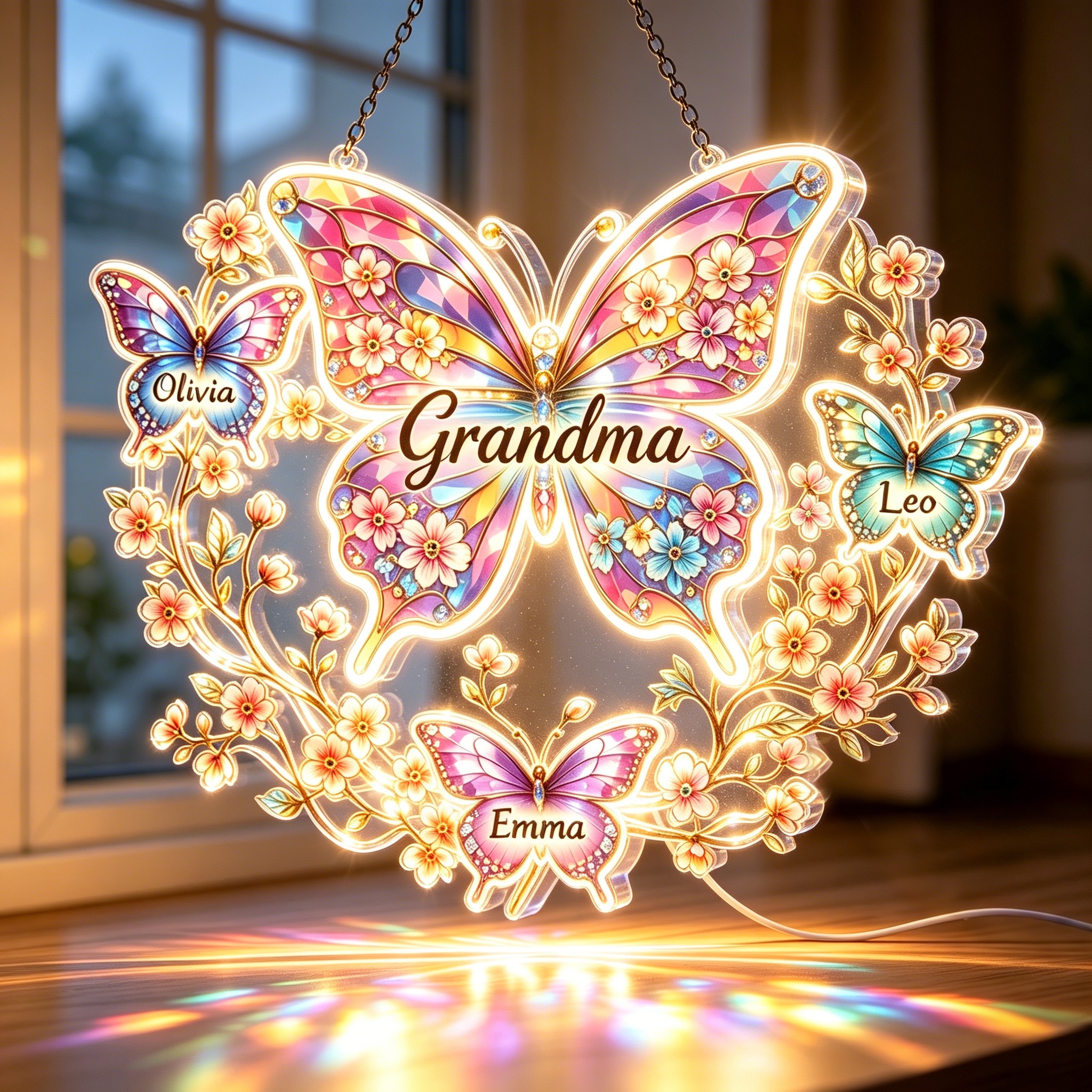 Personalized Grandma Butterfly Acrylic LED Light – Custom Names Family Gift