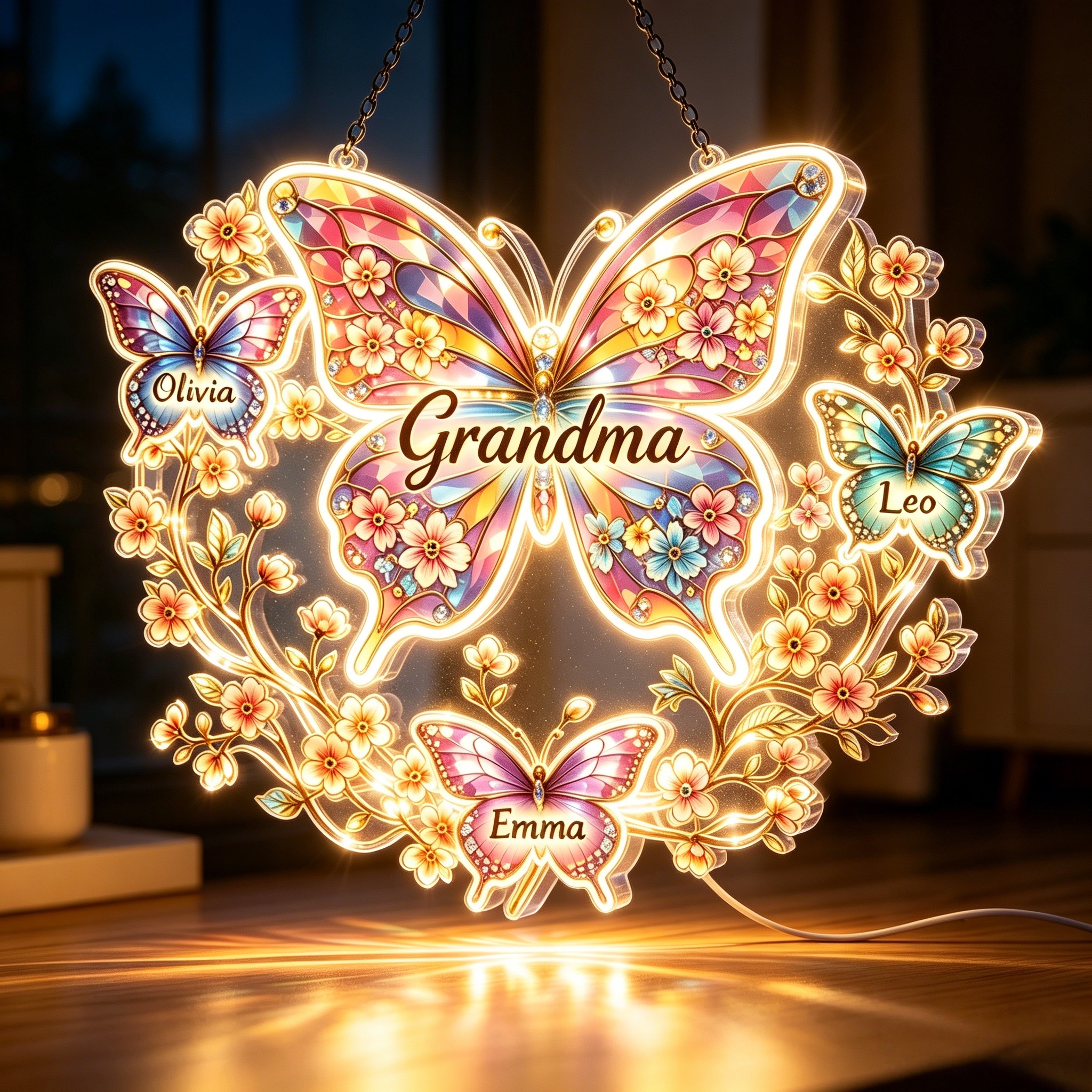 Personalized Grandma Butterfly Acrylic LED Light – Custom Names Family Gift