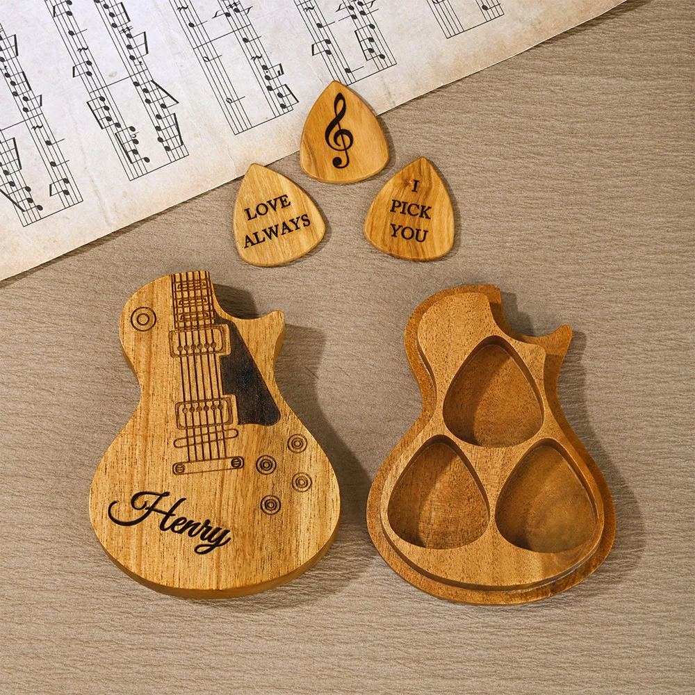 Personalized Wooden Guitar Picks Set of 3 with a Storage Case, Engraved Holder Box for Pick Set, Gift for Guitar Player Musician Birthday Gift Idea