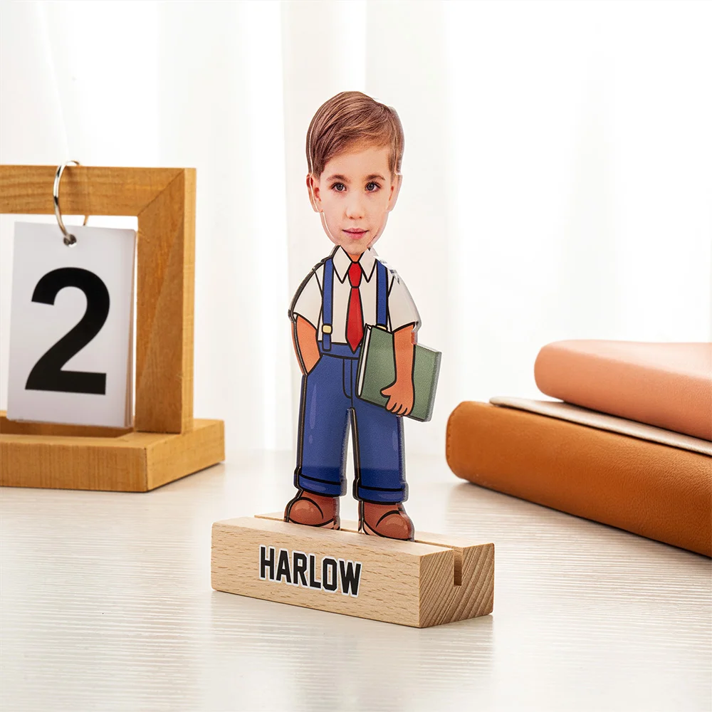 Personalised School Uniform Character Face Photo Acrylic Plaque with Wooden Base and Name Home Decor Birthday Children's Day Gift for Boys Girls