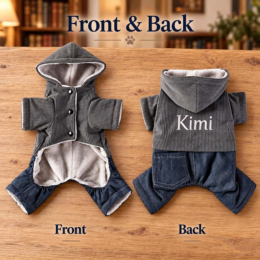 Personalized Embroidered Dog Corduroy Hooded Jumpsuit 