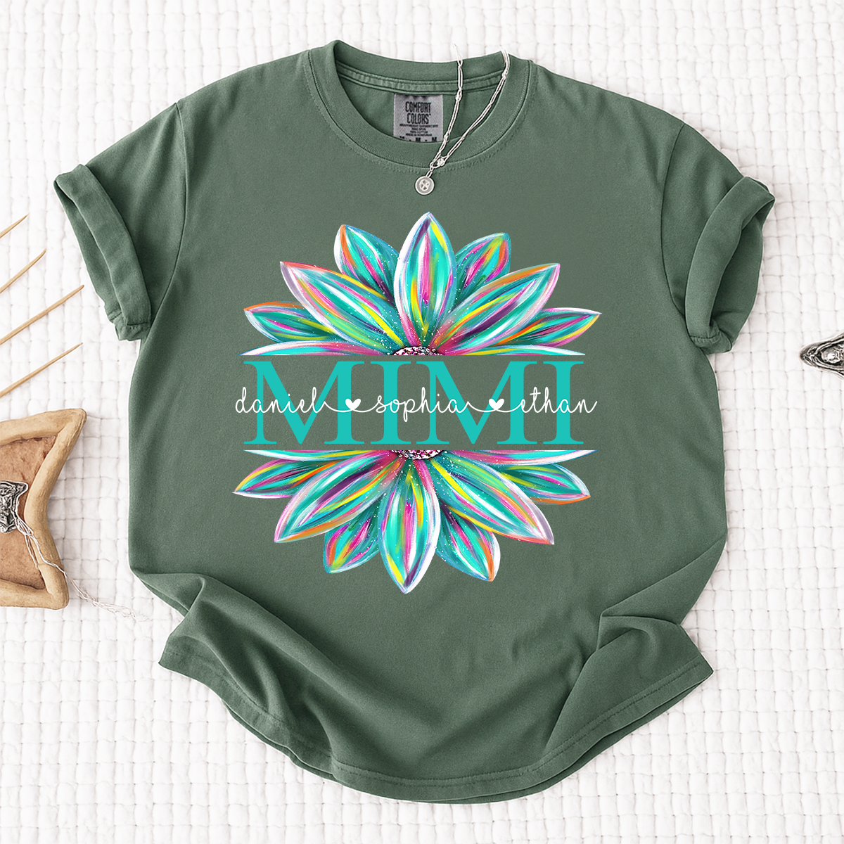 Comfort Colors Personalized MIMI T Shirt, Custom Family Names with Colorful Flower Design, Perfect Gift for Mimi