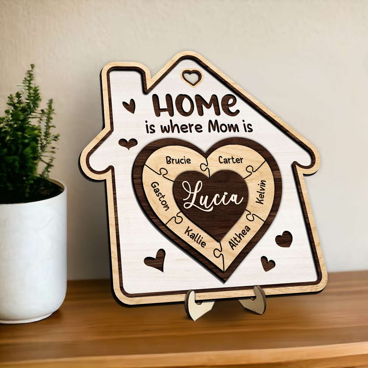 Home is Where Mom Is - Personalized Family Heart Puzzle Wooden Plaque with Custom Names