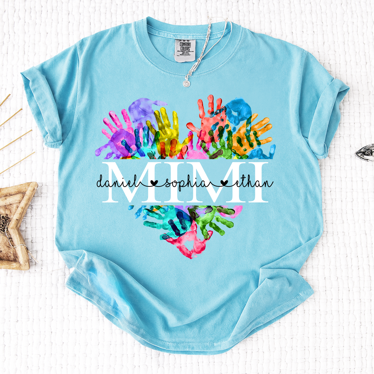 Comfort Colors Personalized Mimi Shirt Colorful Handprint Heart Custom Grandkids Names Mimi Grandma Gift T Shirt
