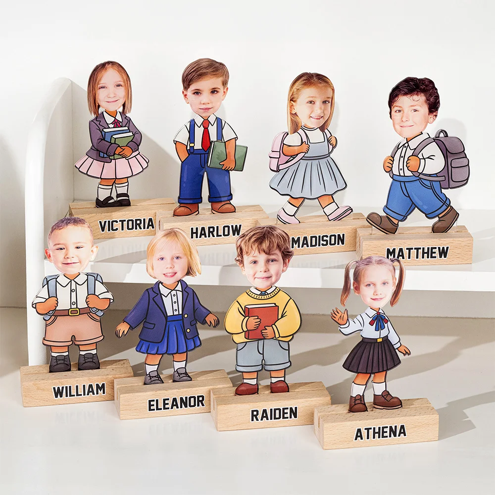 Personalised School Uniform Character Face Photo Acrylic Plaque with Wooden Base and Name Home Decor Birthday Children's Day Gift for Boys Girls