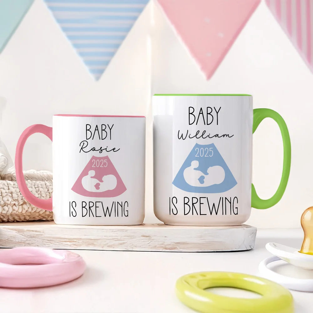 Personalized Baby is Brewing B-ultrasound Pregnancy Announcement Ceramic Mug with Name and Year Mother's Day Father's Day Gift for Expecting Parents