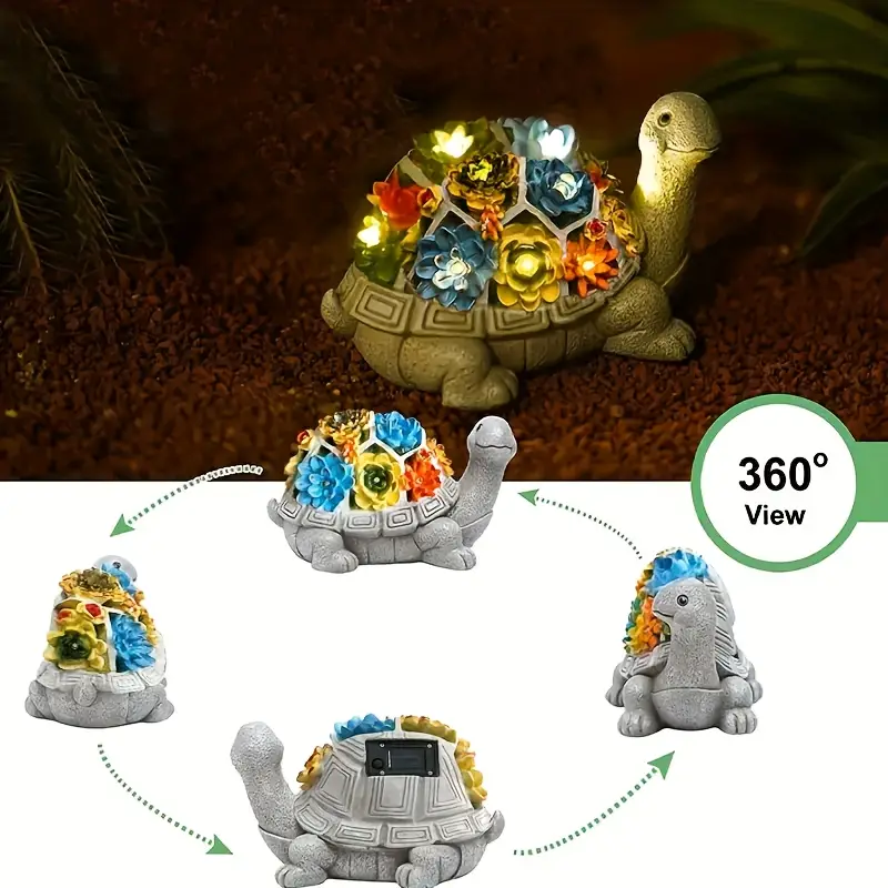 solar powered turtle figurine with led lights and vibrant succulents resin statue garden and patio decorative animal sculpture with nickel battery for outdoor lighting details 5