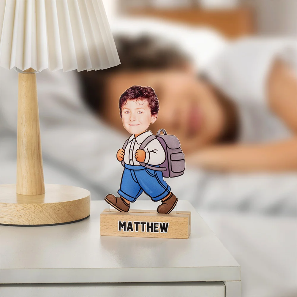 Personalised School Uniform Character Face Photo Acrylic Plaque with Wooden Base and Name Home Decor Birthday Children's Day Gift for Boys Girls