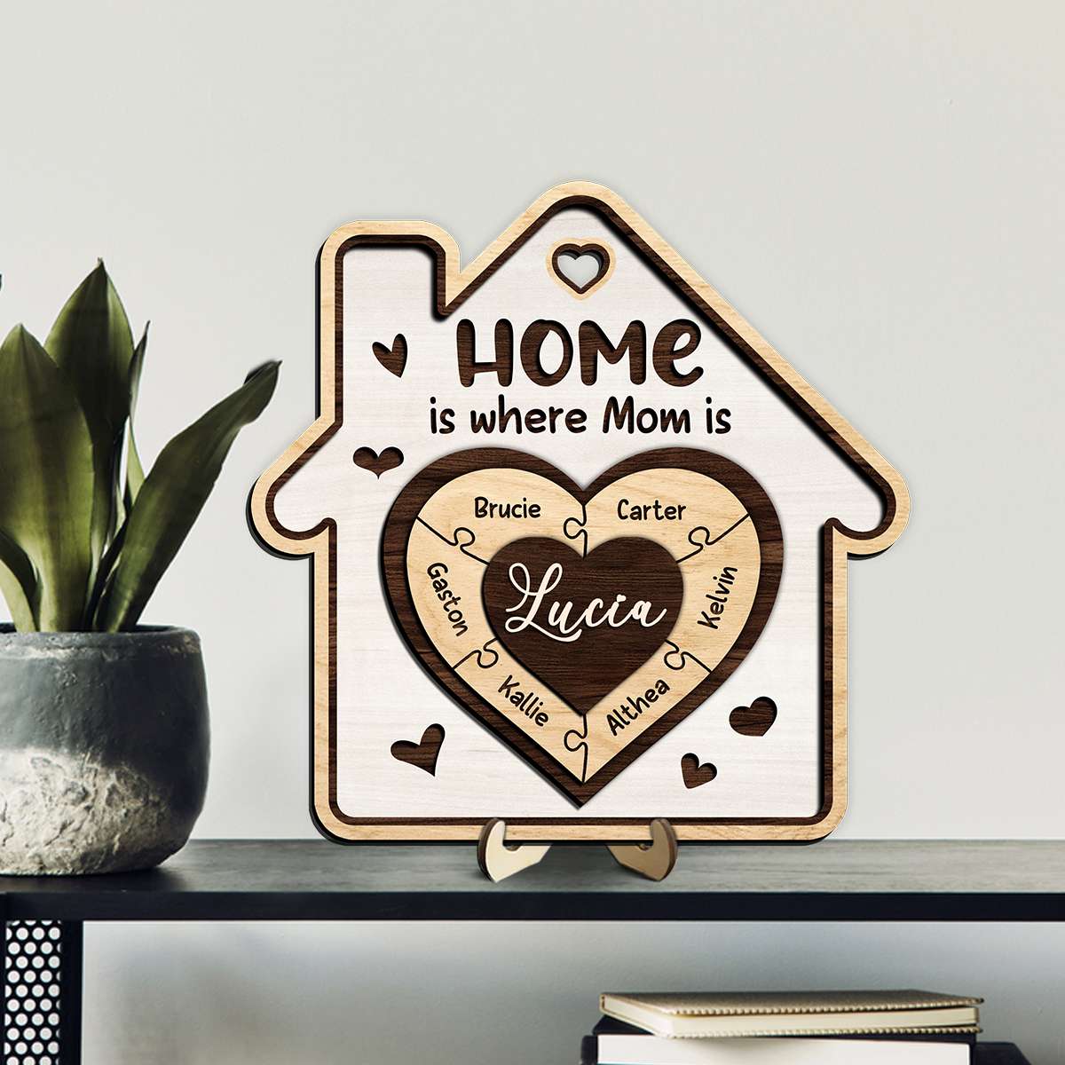 Home is Where Mom Is - Personalized Family Heart Puzzle Wooden Plaque with Custom Names