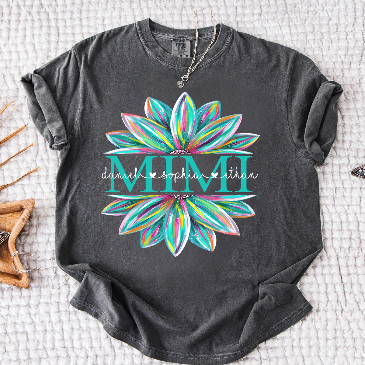 Comfort Colors Personalized MIMI T Shirt, Custom Family Names with Colorful Flower Design, Perfect Gift for Mimi