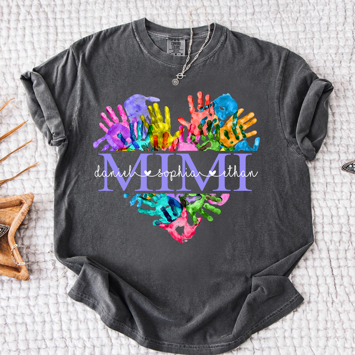 Comfort Colors Personalized Mimi Shirt Colorful Handprint Heart Custom Grandkids Names Mimi Grandma Gift T Shirt