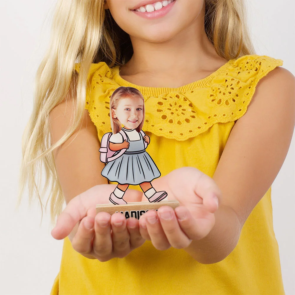 Personalised School Uniform Character Face Photo Acrylic Plaque with Wooden Base and Name Home Decor Birthday Children's Day Gift for Boys Girls