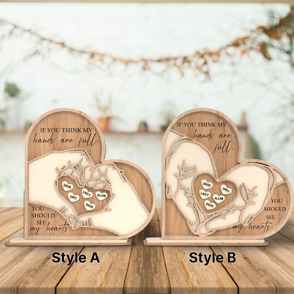 Custom Mothers Day Standing Wooden Heart Hands With Kid Names