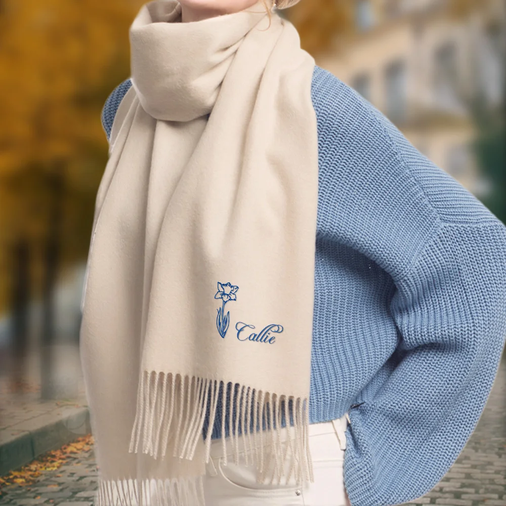 Personalized Super Soft Warm Scarf with Embroidered Birth Flower and Text Fashion Accessory Birthday Christmas Gift for Couple Family