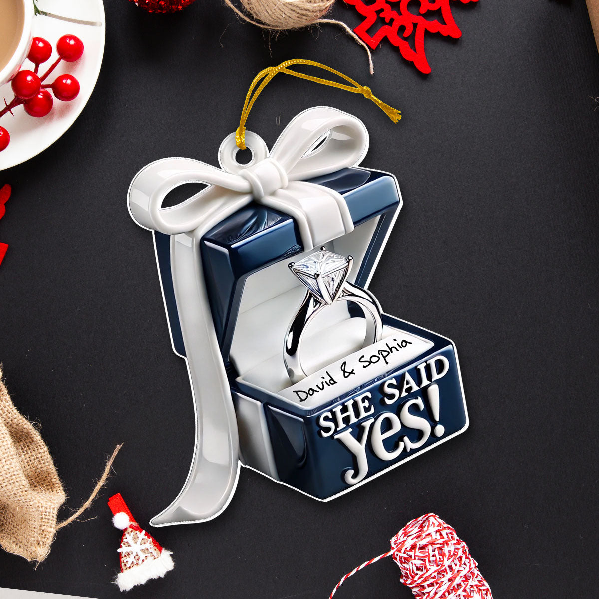 Personalized Engagement Ring Box Acrylic Ornament, Anniversary Gift for Couple